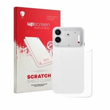 Parte frontal de un envase de producto con el logotipo de la marca upscreen. Al lado se muestra el dispositivo Nothing Phone (