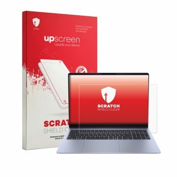 Vorderseite einer Produktverpackung mit dem Markenlogo upscreen. Daneben ist das Gerät Dell 16S mit dem zugehörigen Displaysch