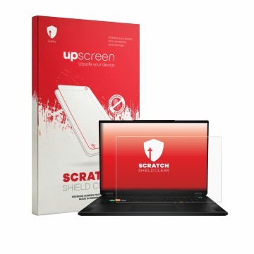 Vorderseite einer Produktverpackung mit dem Markenlogo upscreen. Daneben ist das Gerät MSI Stealth 18 HX AI mit dem zugehörige