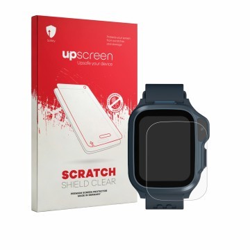 Vorderseite einer Produktverpackung mit dem Markenlogo upscreen. Daneben ist das Gerät Myfirst Fone S4 mit dem zugehörigen Dis