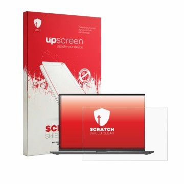 Parte frontal de un envase de producto con el logotipo de la marca upscreen. Al lado se muestra el dispositivo LG gram 16Z90TL