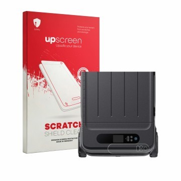 Parte frontal de un envase de producto con el logotipo de la marca upscreen. Al lado se muestra el dispositivo Anker SOLIX Eve