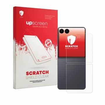 Vorderseite einer Produktverpackung mit dem Markenlogo upscreen. Daneben ist das Gerät Samsung Galaxy Z Flip 8 (Rückseite) mit