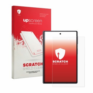 Vorderseite einer Produktverpackung mit dem Markenlogo upscreen. Daneben ist das Gerät Samsung Galaxy Z Fold 8 mit dem zugehör