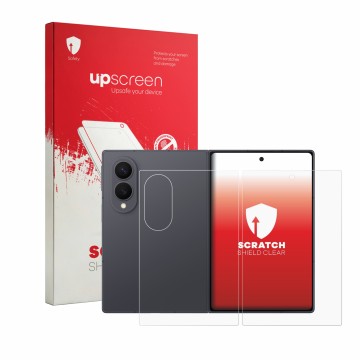Vorderseite einer Produktverpackung mit dem Markenlogo upscreen. Daneben ist das Gerät Samsung Galaxy Z Fold 8 (Display+Rückse