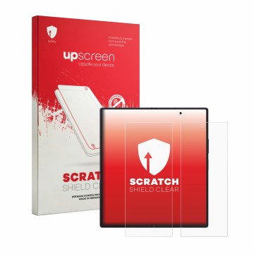 Face avant d’un emballage produit avec le logo de la marque upscreen. À côté, l’appareil Samsung Galaxy Z Fold 8 Ultra (Affich