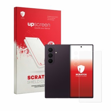 Face avant d’un emballage produit avec le logo de la marque upscreen. À côté, l’appareil Samsung Galaxy Z Fold 8 Ultra (Avant+