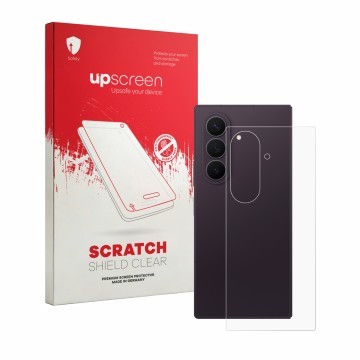 Face avant d’un emballage produit avec le logo de la marque upscreen. À côté, l’appareil Samsung Galaxy Z Fold 8 Ultra (Arrièr
