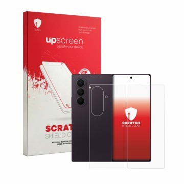 Face avant d’un emballage produit avec le logo de la marque upscreen. À côté, l’appareil Samsung Galaxy Z Fold 8 Ultra (Avant+