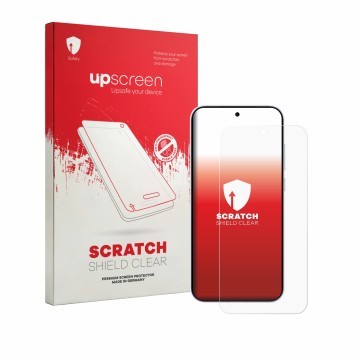 Parte frontal de un envase de producto con el logotipo de la marca upscreen. Al lado se muestra el dispositivo Oppo Reno 16 Pr