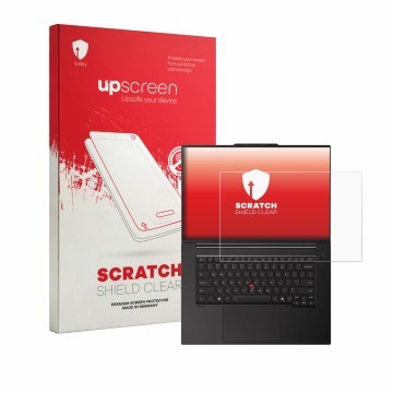 Parte frontale di una confezione del prodotto con il logo del marchio upscreen. Accanto è raffigurato il dispositivo Lenovo Th