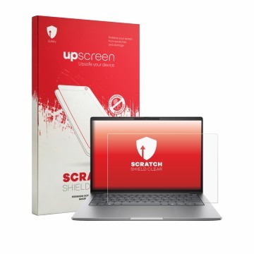 Parte frontal de un envase de producto con el logotipo de la marca upscreen. Al lado se muestra el dispositivo HP Zbook 8 G2i 