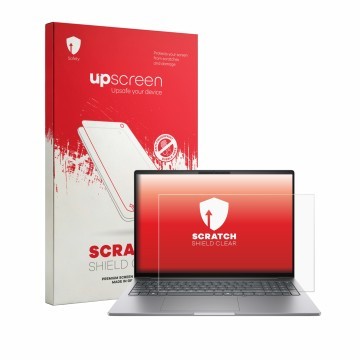 Parte frontal de un envase de producto con el logotipo de la marca upscreen. Al lado se muestra el dispositivo HP Zbook 8 G2i 