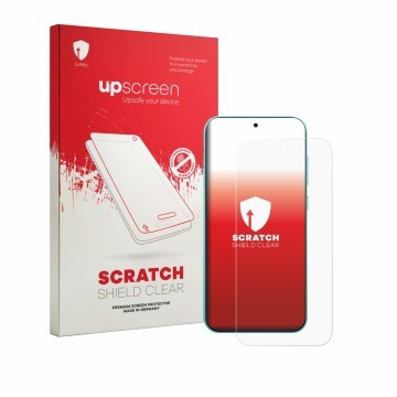 Parte frontal de un envase de producto con el logotipo de la marca upscreen. Al lado se muestra el dispositivo Oppo F35 Pro co