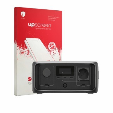 Face avant d’un emballage produit avec le logo de la marque upscreen. À côté, l’appareil EcoFlow River 3 est représenté avec l