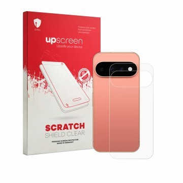 Face avant d’un emballage produit avec le logo de la marque upscreen. À côté, l’appareil Google Pixel 11 Pro (Arrière) est rep