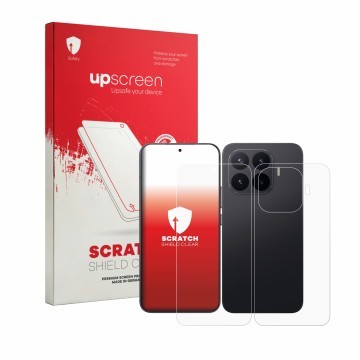 Parte frontal de un envase de producto con el logotipo de la marca upscreen. Al lado se muestra el dispositivo Xiaomi 17T Pro 