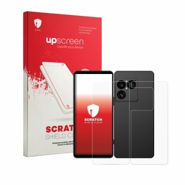 Parte frontale di una confezione del prodotto con il logo del marchio upscreen. Accanto è raffigurato il dispositivo Sony Xper