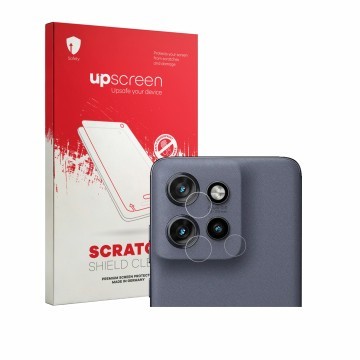 Face avant d’un emballage produit avec le logo de la marque upscreen. À côté, l’appareil Motorola Edge 60 Neo (Caméra UNIQUEME