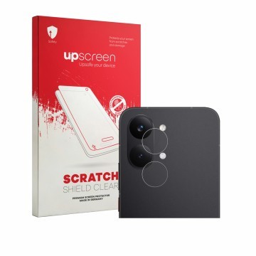 Parte frontal de un envase de producto con el logotipo de la marca upscreen. Al lado se muestra el dispositivo Xiaomi Poco X8 