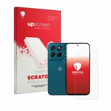 Face avant d’un emballage produit avec le logo de la marque upscreen. À côté, l’appareil Motorola Moto G77 (Avant+Caméra) est 