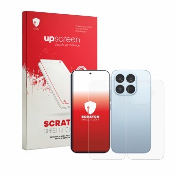 Face avant d’un emballage produit avec le logo de la marque upscreen. À côté, l’appareil Xiaomi 17T (Avant+Arrière) est représ