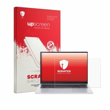 Face avant d’un emballage produit avec le logo de la marque upscreen. À côté, l’appareil Acer Aspire Go 16 est représenté avec
