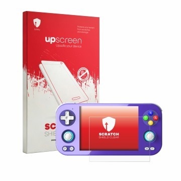 Vorderseite einer Produktverpackung mit dem Markenlogo upscreen. Daneben ist das Gerät Anbernic RG 476H mit dem zugehörigen Di