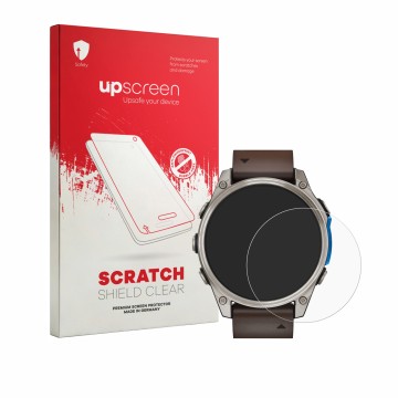 Face avant d’un emballage produit avec le logo de la marque upscreen. À côté, l’appareil Garmin D2 Mach 2 (47 mm) est représen