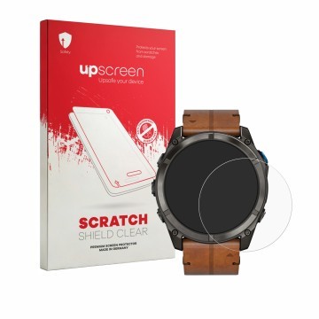 Parte frontale di una confezione del prodotto con il logo del marchio upscreen. Accanto è raffigurato il dispositivo Garmin D2