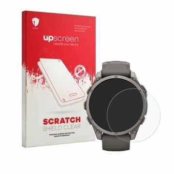 Parte frontale di una confezione del prodotto con il logo del marchio upscreen. Accanto è raffigurato il dispositivo Garmin Fe
