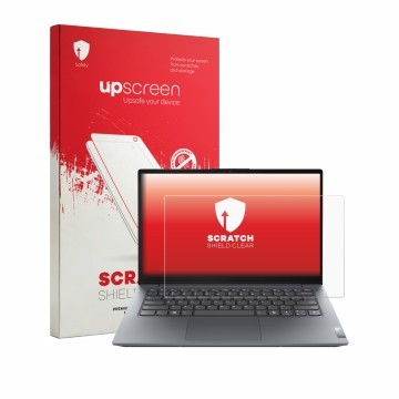 Parte frontale di una confezione del prodotto con il logo del marchio upscreen. Accanto è raffigurato il dispositivo Lenovo V1