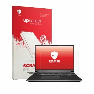 Vorderseite einer Produktverpackung mit dem Markenlogo upscreen. Daneben ist das Gerät Schenker KEY 18 Pro E25 mit dem zugehör