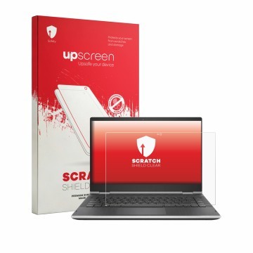 Face avant d’un emballage produit avec le logo de la marque upscreen. À côté, l’appareil HP Pavilion x360 14-cd0020nf est repr