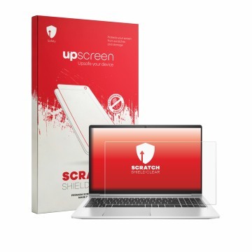 Parte frontal de un envase de producto con el logotipo de la marca upscreen. Al lado se muestra el dispositivo HP ProBook 455 