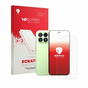 Face avant d’un emballage produit avec le logo de la marque upscreen. À côté, l’appareil Xiaomi Poco F9 Pro (Avant+Caméra) est