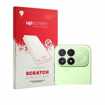 Face avant d’un emballage produit avec le logo de la marque upscreen. À côté, l’appareil Xiaomi Poco F9 Pro (Caméra UNIQUEMENT