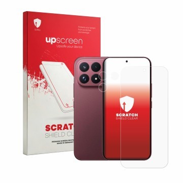 Face avant d’un emballage produit avec le logo de la marque upscreen. À côté, l’appareil Xiaomi Poco F9 Ultra (Avant+Caméra) e