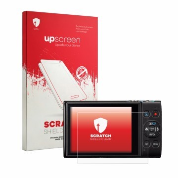 Face avant d’un emballage produit avec le logo de la marque upscreen. À côté, l’appareil Canon IXUS 285 HS A est représenté av