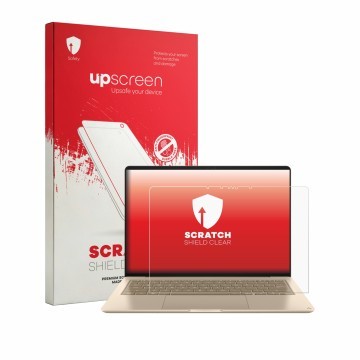 Vorderseite einer Produktverpackung mit dem Markenlogo upscreen. Daneben ist das Gerät Asus Zenbook 14 UX3480 2026 mit dem zug