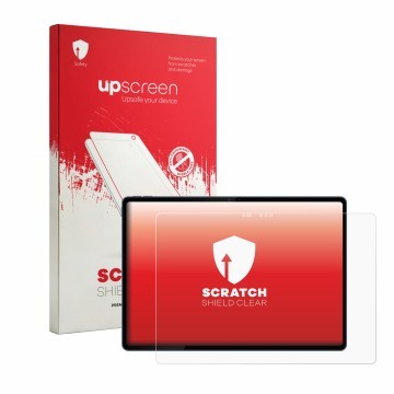 Parte frontal de un envase de producto con el logotipo de la marca upscreen. Al lado se muestra el dispositivo Lenovo Yoga Tab