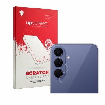 Parte frontal de un envase de producto con el logotipo de la marca upscreen. Al lado se muestra el dispositivo Samsung Galaxy 