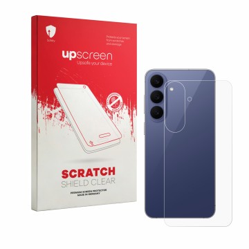 Parte frontal de un envase de producto con el logotipo de la marca upscreen. Al lado se muestra el dispositivo Samsung Galaxy 