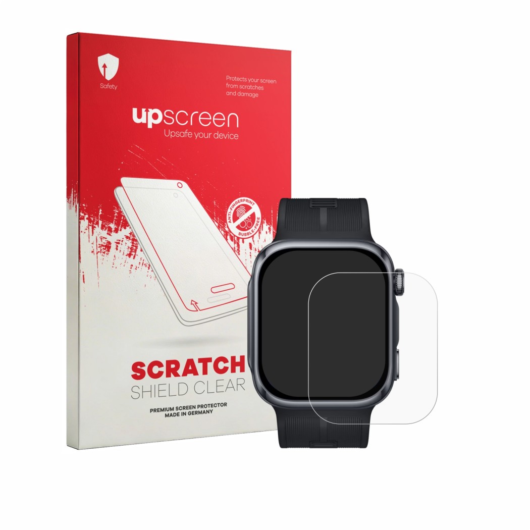 Face avant d’un emballage produit avec le logo de la marque upscreen. À côté, l’appareil Huawei Watch D3 est représenté avec l