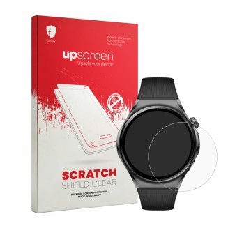 Vorderseite einer Produktverpackung mit dem Markenlogo upscreen. Daneben ist das Gerät Huawei Watch 6 46 mm mit dem zugehörige