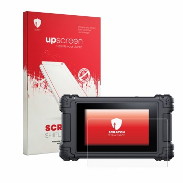 Parte frontal de un envase de producto con el logotipo de la marca upscreen. Al lado se muestra el dispositivo iCarsoft VAWS V