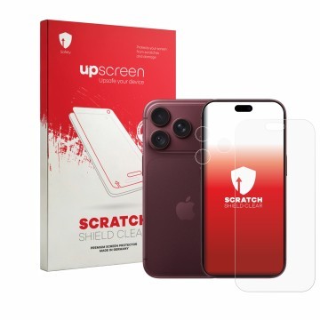Parte frontal de un envase de producto con el logotipo de la marca upscreen. Al lado se muestra el dispositivo Apple iPhone 18