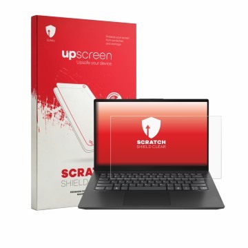 Vorderseite einer Produktverpackung mit dem Markenlogo upscreen. Daneben ist das Gerät Lenovo Prima 14 IWC mit dem zugehörigen
