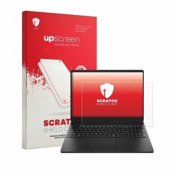Vorderseite einer Produktverpackung mit dem Markenlogo upscreen. Daneben ist das Gerät HP HyperX OMEN 15 mit dem zugehörigen D