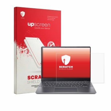 Parte frontal de un envase de producto con el logotipo de la marca upscreen. Al lado se muestra el dispositivo Acer Chromebook